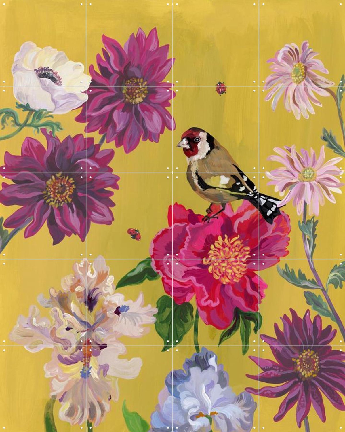 IXXI Goldfinch Magic Garden, Nathalie Lété - 80 x 100 cm - Grote wanddecoratie en posters - Kleurrijk, Schilderijen, Slaapkamer, Woonkamer, Eetkamer Geel