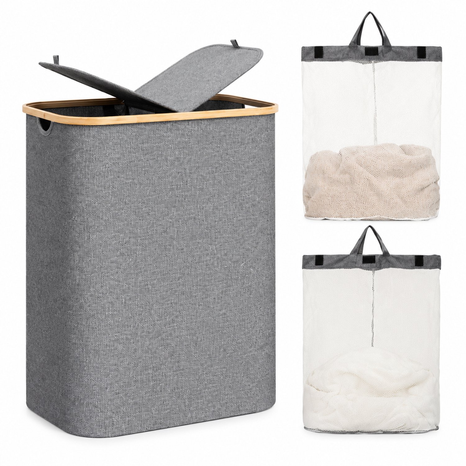 Grijze opvouwbare stoffen wasmand 54 x 33 x 50 cm met tweedelig deksel en waszak met draaglussen