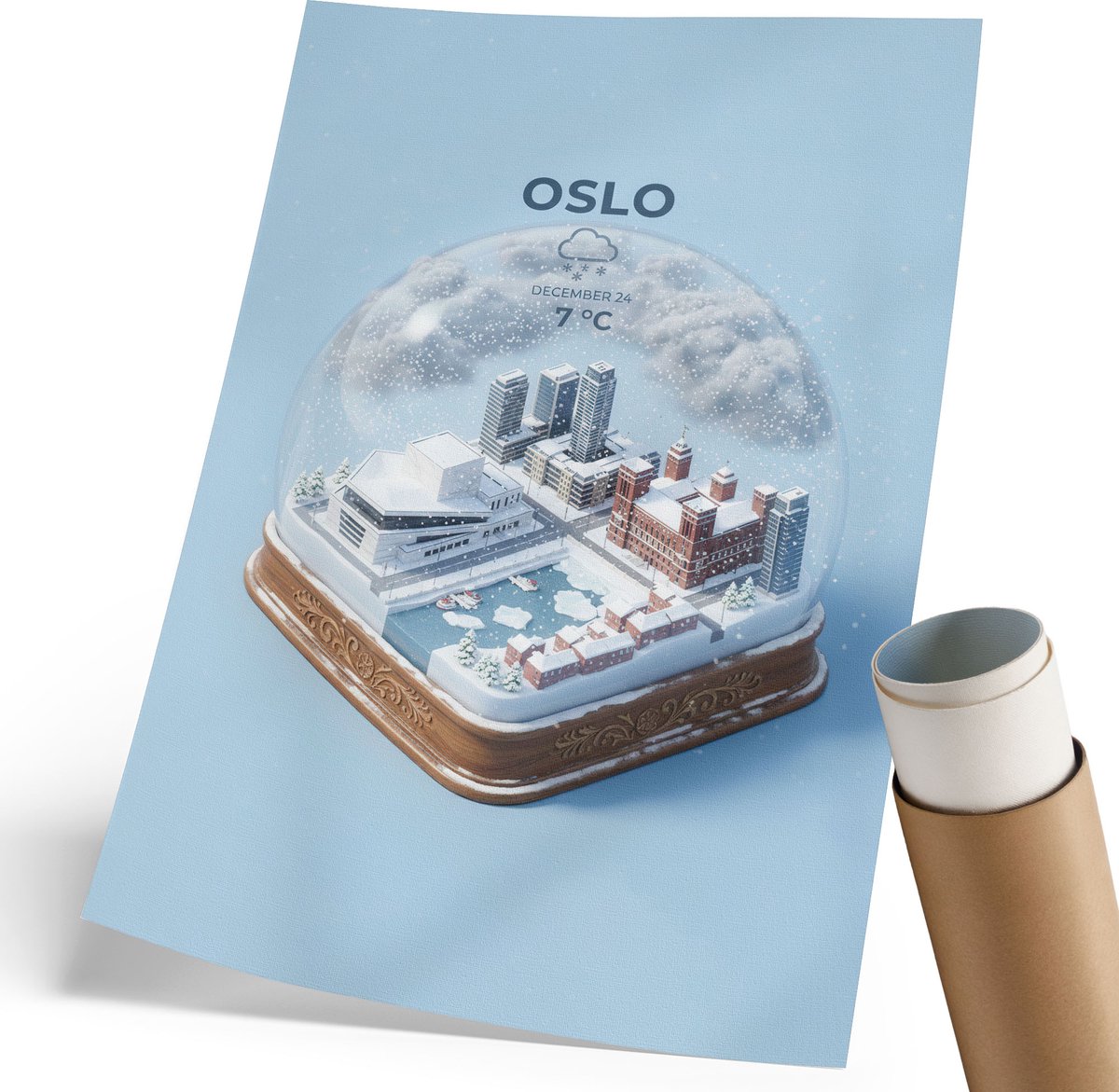 Coloray Polycanvas Wandposter - Oslo Sneeuwbol, Illustratie - 210 x 297 mm - Blauw Design - Rechthoek - Canvasposter - Woonkamer, Slaapkamer, Kantoor - Modern