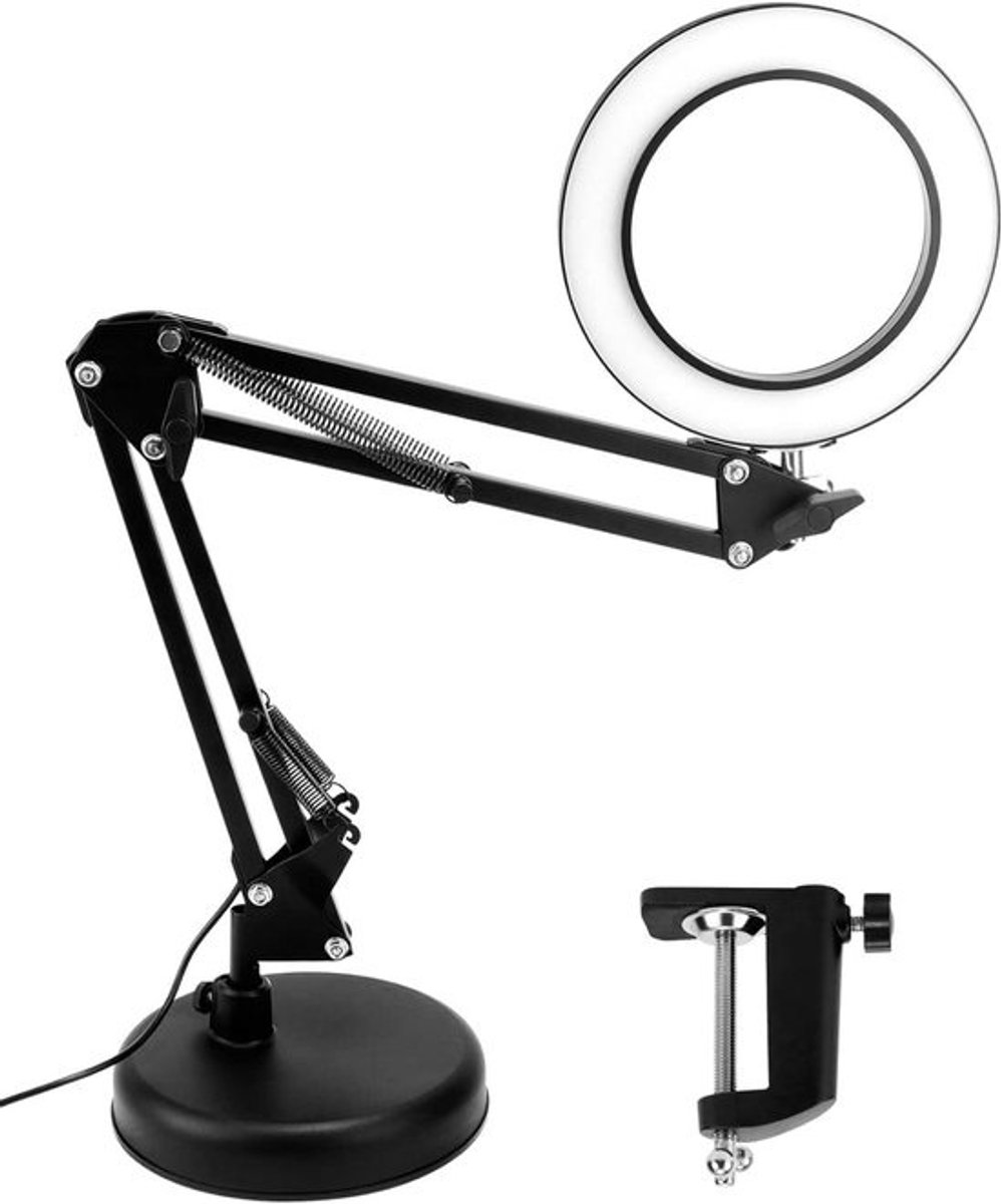 Vergrootglas met licht - 10x vergroting, 3 kleurmodi, 10 helderheidsniveaus, verstelbare zwenkarmlamp, zwart