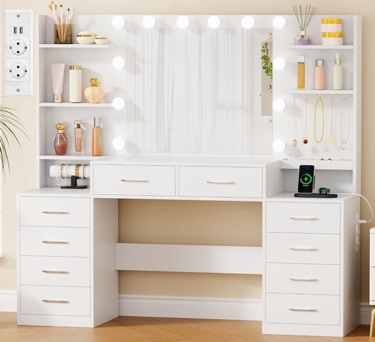 Kaptafel met Spiegel - Make-up meubel - Snel Klaarmaken - Geïntegreerde Verlichting - 150x40x140 cm - Wit