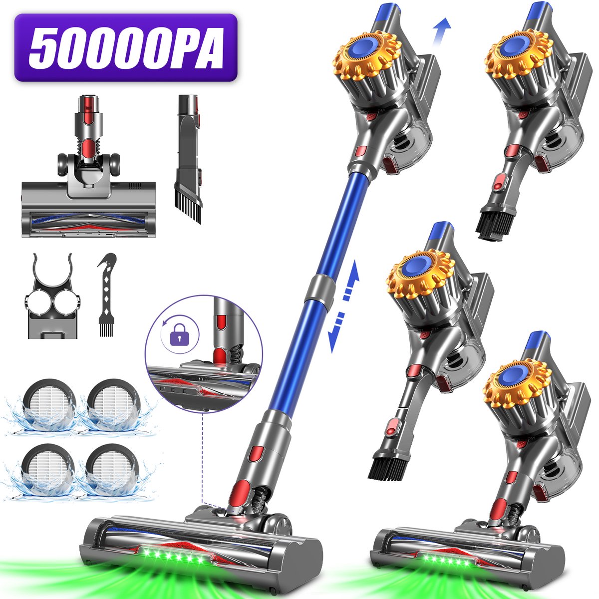 Adormii Steelstofzuiger Draadloos – 50 kPa Sterke Zuigkracht – Tot 60 Min Accuduur – Anti-haarwikkel Vloerborstel – 4 HEPA-filters – 1,6 L Stofreservoir – Groene LED Stofdetectieverlichting – Blauw