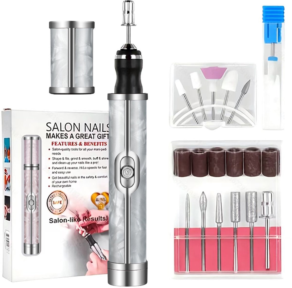 Elektrische nagelvijl, USB-C, oplaadbaar, 4 snelheden, nagelboor voor acryl- en gelnagels met 12 bits en 6 schuurbanden, vooruit/achteruit, draagbare manicure en pedicure - wit