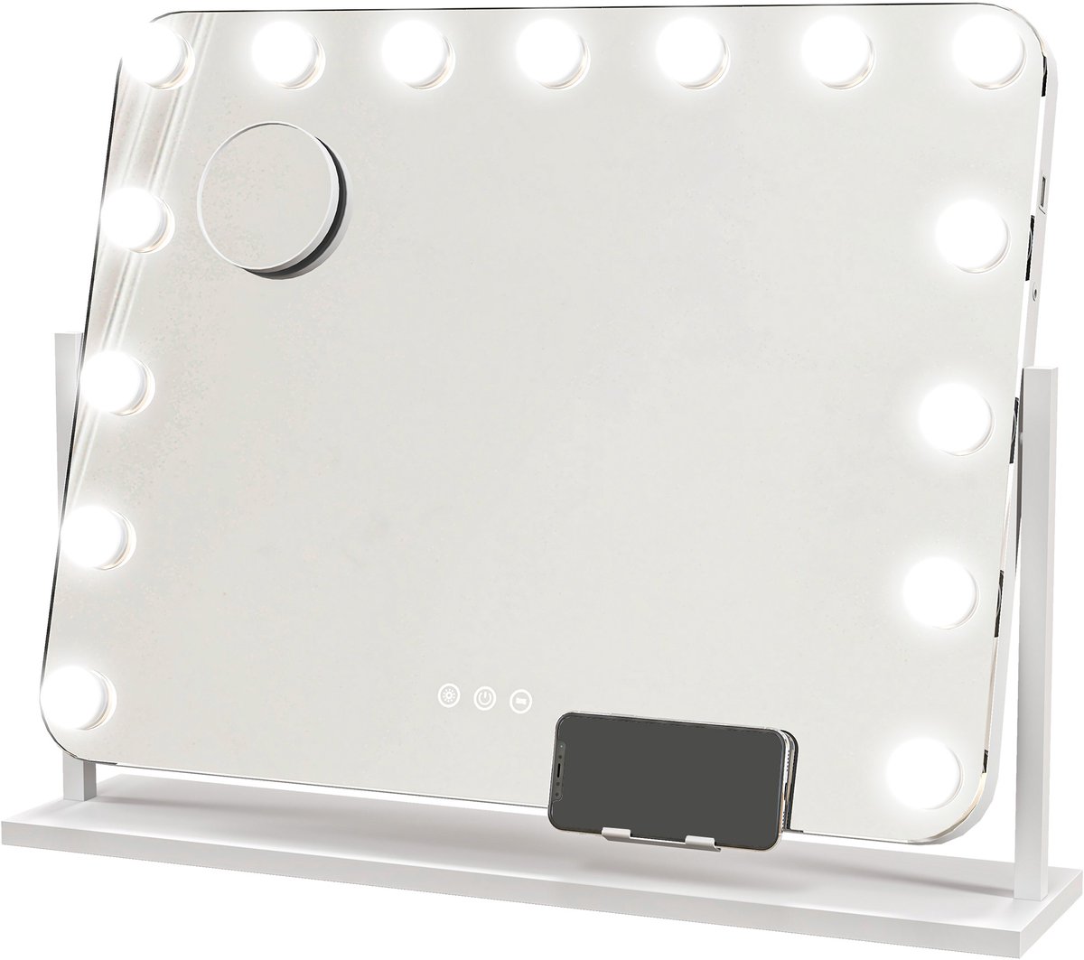 Make‑upspiegel -met 14 verstelbare LED‑lampjes- USB‑oplaadbaar-verlichtte schminkspiegel voor cosmetica-Voorzien van een afneembaar vergrootglas met 10x vergroting en 3 instelbare lichtstanden-62,5 x 14 x 49,5 cm- wit