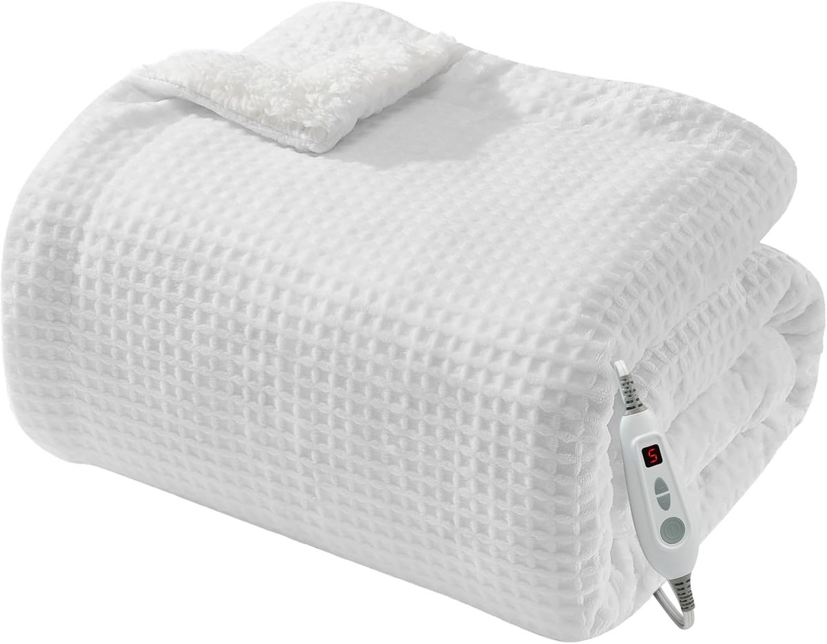 Elektrische deken met LCD-controller en 6 standen, witte flanel deken 180 x 130 cm, EU-stekker
