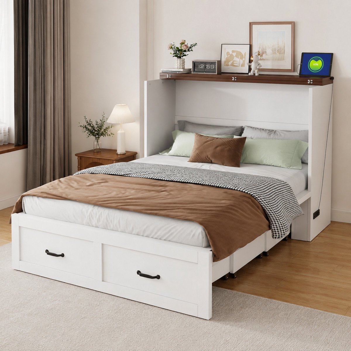 Opklapbed 140x200 cm – Uittrekbaar Bed Met Opbergruimte En Stopcontact – Stille Rollen – Voor Gastenkamer – Hout En Metaal – Wit – Zonder Matras