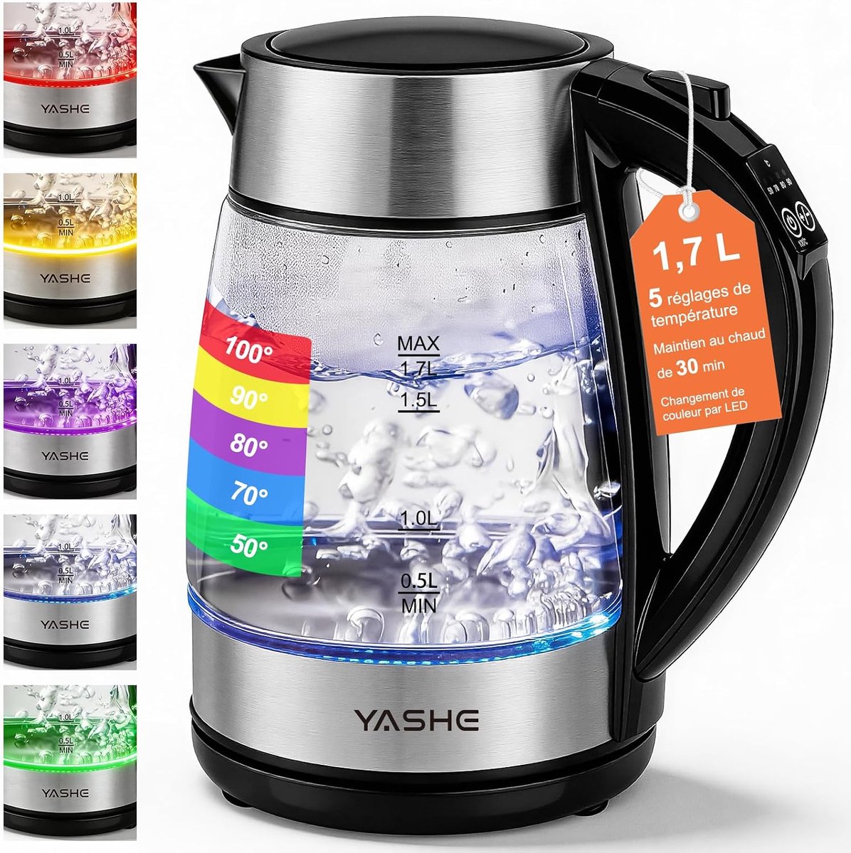 YASHE glazen waterkoker - 1,7 L - 2200 W