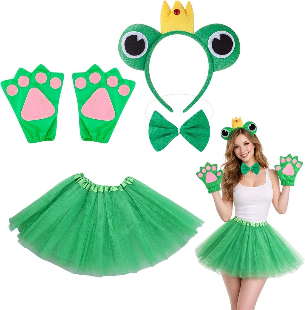 Frog Kostuum voor Volwassenen met Hoofdband, Handschoenen, Benen, Vlinderdas en Tutu voor Carnaval en Halloween Cosplay Accessoires