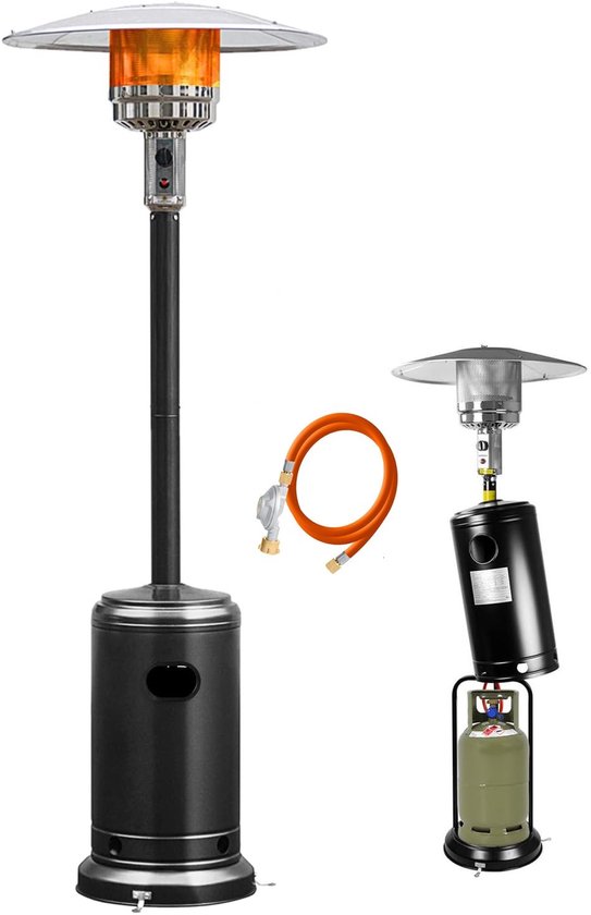 Zwarte terrasverwarmer met oranje gasslang en een aparte gasfleshouder met gasfles.