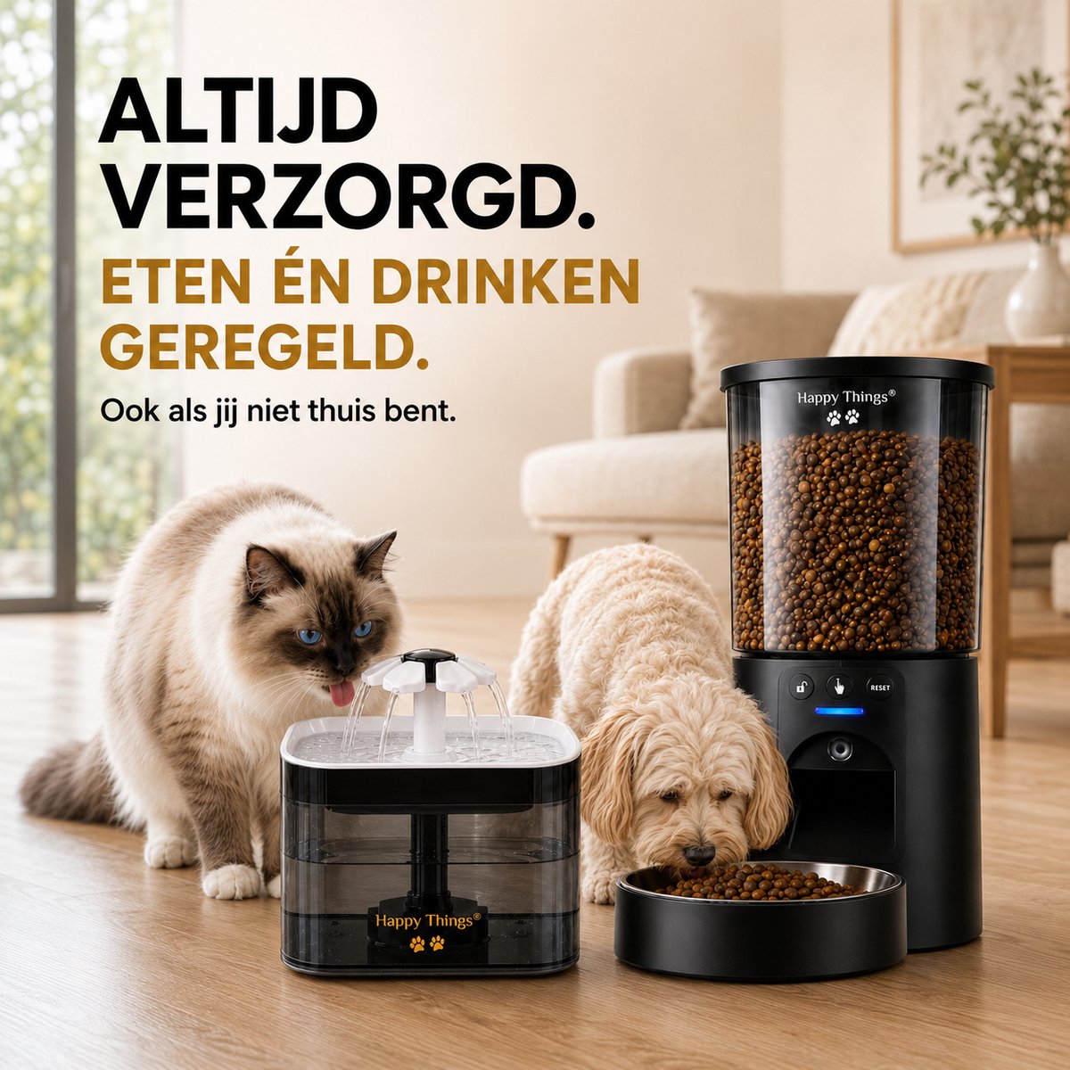 Happy Things® Voerautomaat + Drinkfontein Kat en Hond – Full HD Camera & App – Dual WiFi – 4,5L Voerbak + 2,5L Waterfontein – RVS – Incl. 4 Filters thumbnail 4