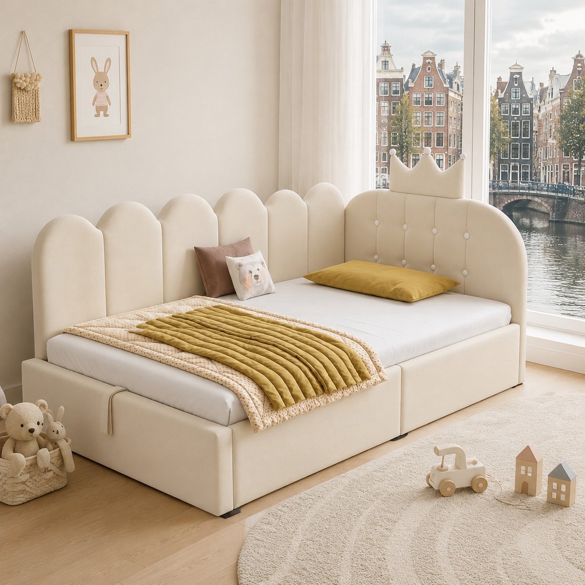 WUVRIE Bedbank 90x200 cm met hydraulische opbergruimte, kroonvormig hoofdbord en lattenbodem, beige