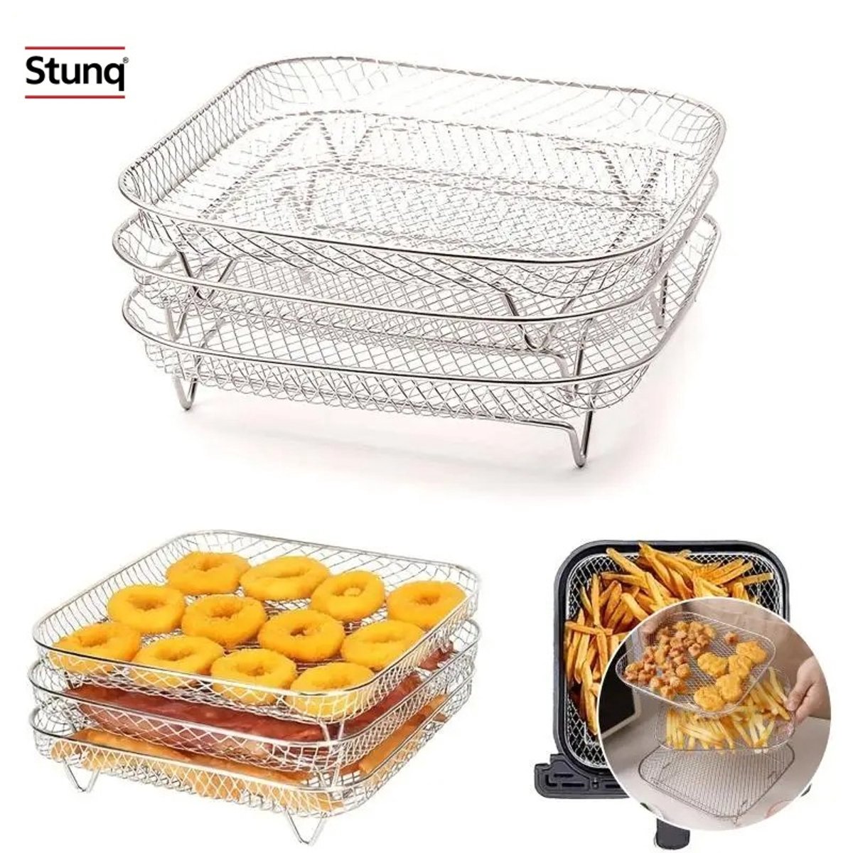 Stunq® 3-delige RVS Airfryer Accessoireset - Stapelbare Gaasmanden voor Frites en Grillen