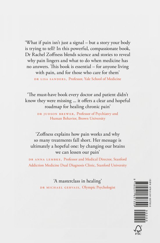 Boekomslag van 'Tell Me Where It Hurts' met citaten over pijn en genezing door Dr. Rachel Zoffness.