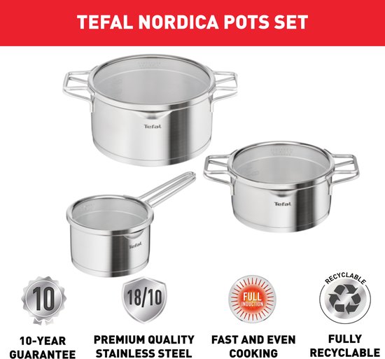 Tefal Nordica pannenset van RVS met glazen deksels, 10 jaar garantie, 18/10 staal, inductie en recyclebaar.