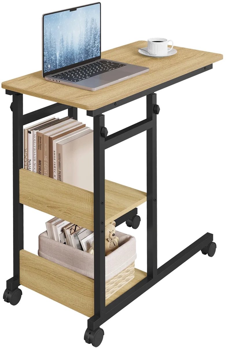 Klarven® Bijzettafel Bank Lichteiken - Bijzettafel - Bijzettafel - Bijzettafel - Hoogteverstelbaar 76-96 cm, Schuift onder Bank of Bed - 4 Wielen met Rem - 3 Opbergplanken