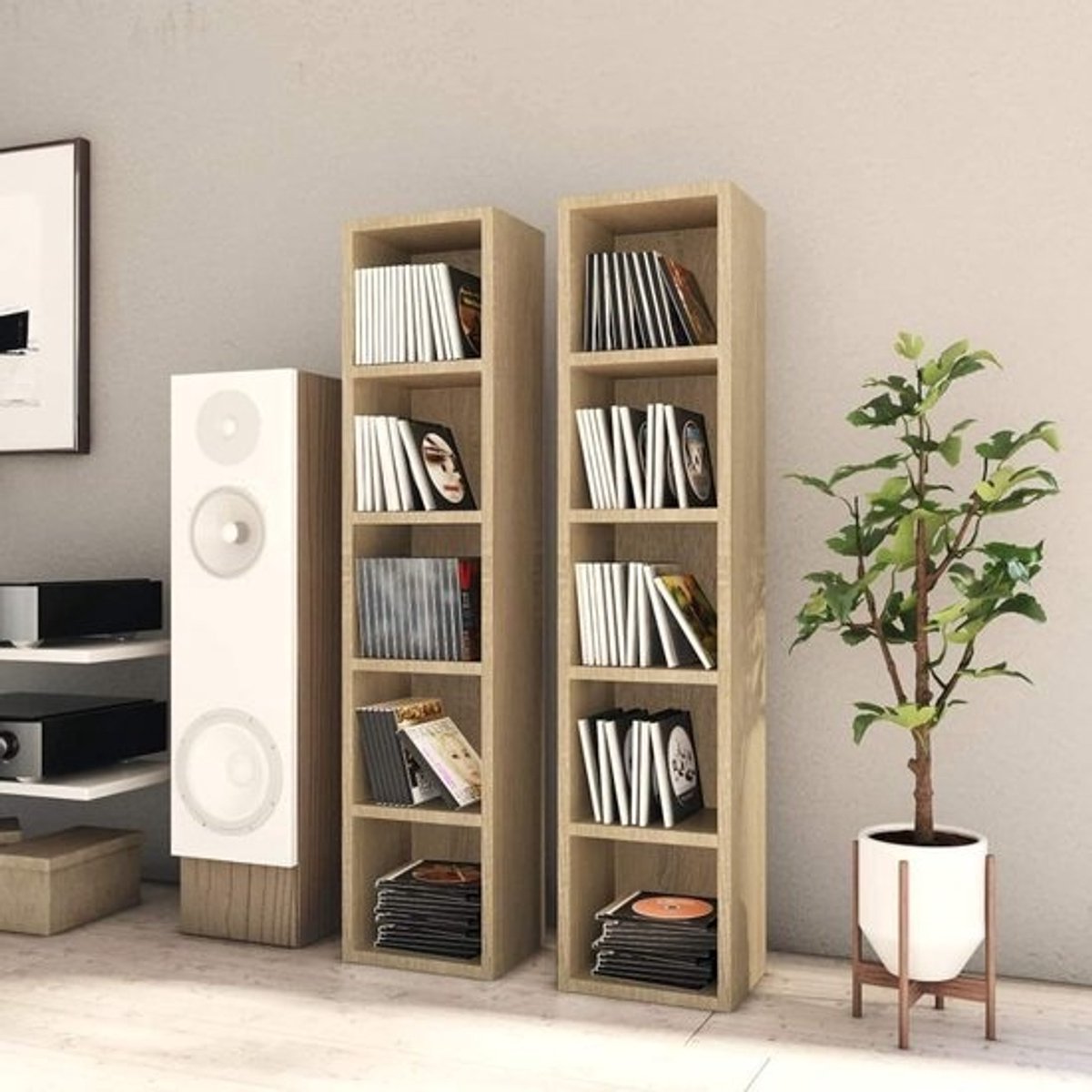 CD-rek - Boekenkast Wandrek - Opslag Media - Trapezium Vorm - 21x16x93.5 cm - Sonoma-eiken