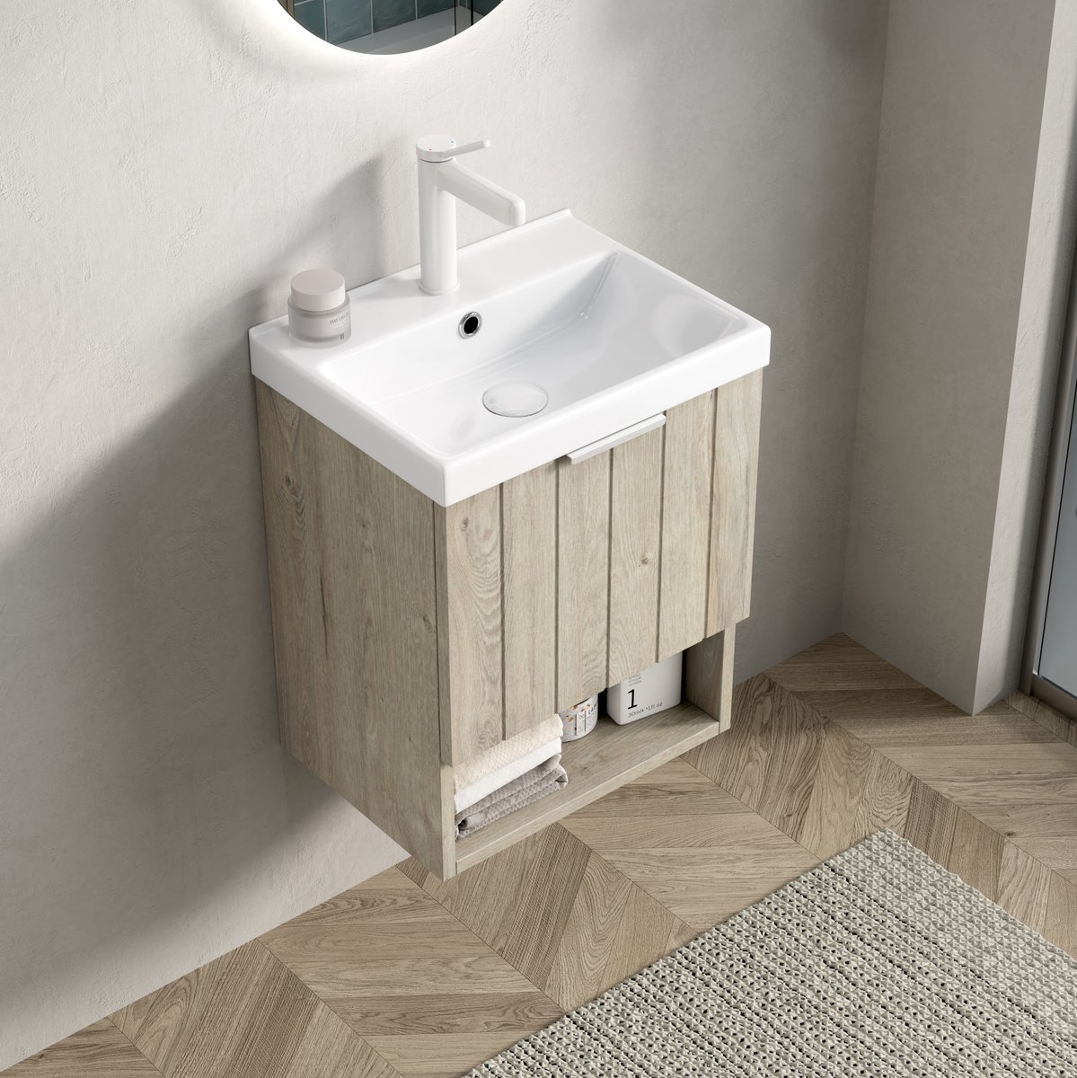 FloraGrace Badkamerkast – Wandgemonteerde Wastafelmeubel Met Keramische Waskom – Voor Kleine Badkamer – Houtkleur En Wit – 42 Cm