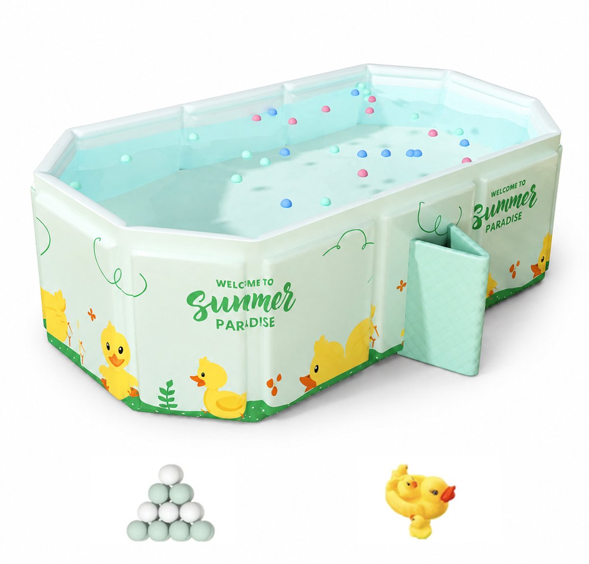 Wishdor Opvouwbaar babybadje - Met warmtebehoud en oceaanballen - Voor peuters en kinderen - Driehoekige steun - Kunststof - Groen - L 80 x B 40 x H 30 cm