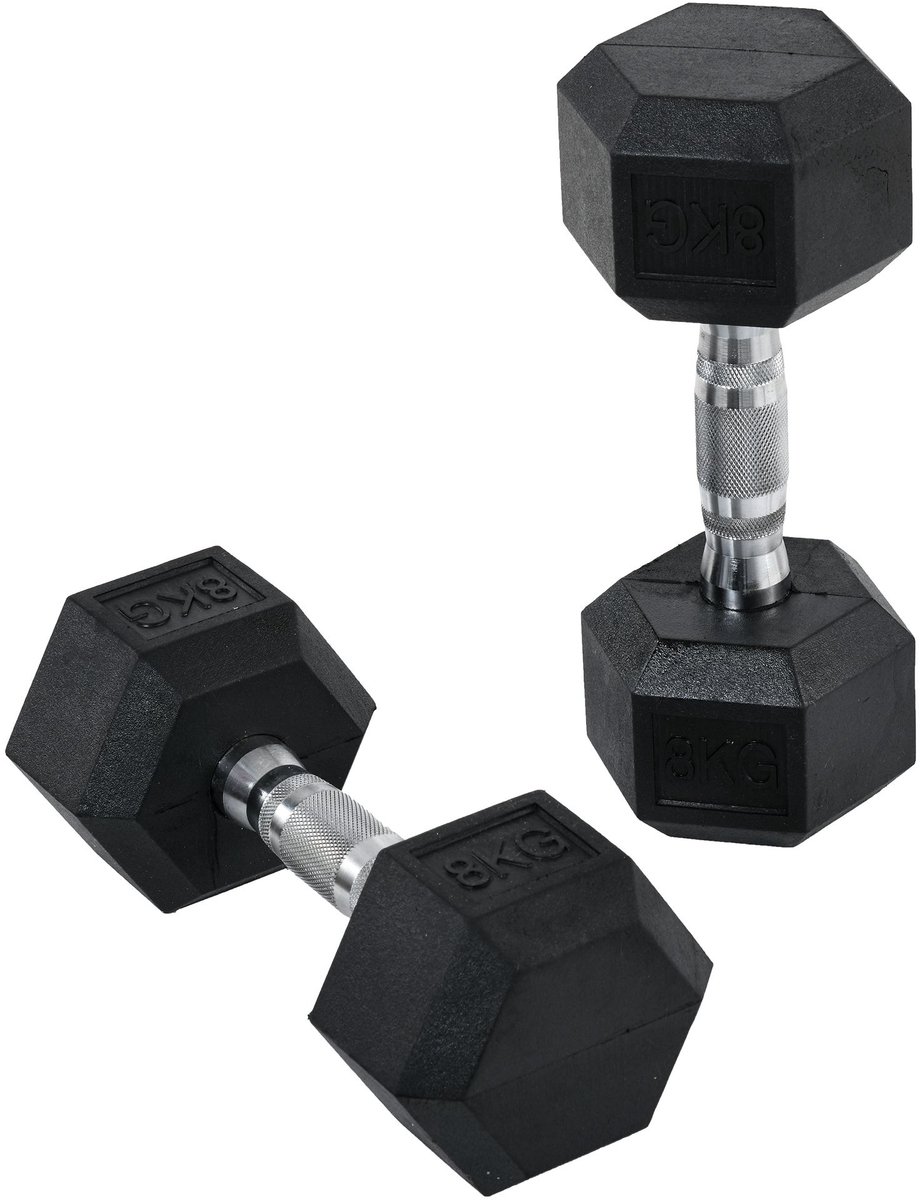 Set van 16 kg zeshoekige korte halters - Spiertraining en gewichtheffen - Zwart metaal en rubber Encased Hex Dumbbell Weights Set