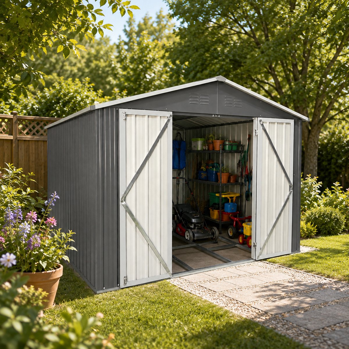 Multifunctionele tuinhuis - Metaal Gereedschapsschuur - Tuinhuis met Schuin Dak - Outdoor Tuinopslag - 248x300x191 cm - 7,46m²- Met geïntegreerd vloerframe - Met Afsluitbare deur - Weerbestendig - Voor Achtertuin, Terras en Grasveld - Grijs