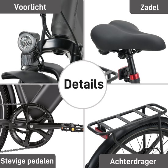 Bekup V1 26 inch elektrische lage instap fiets - Comfortabele stadsfiets - 36V 14,5Ah accu - 250W achterwielmotor - Actieradius tot 75 km - Shimano 7 versnellingen - Verende voorvork - Geveerde zadelpen - Titaangrijs — afbeelding 2
