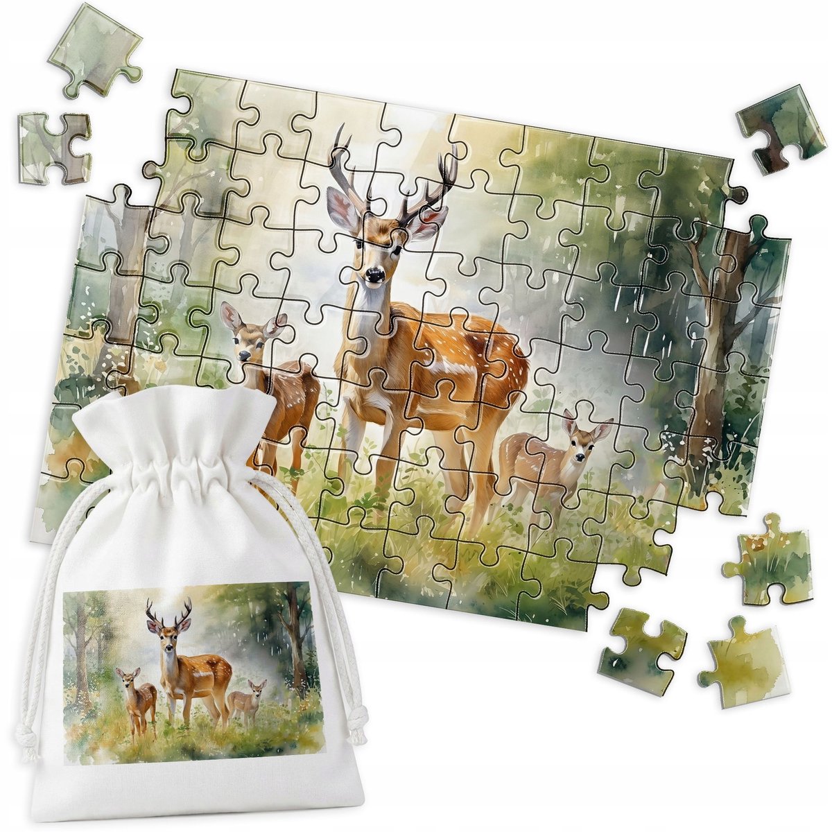Houten Puzzel - Aquarel Hert Bos Gewei 70 stukjes