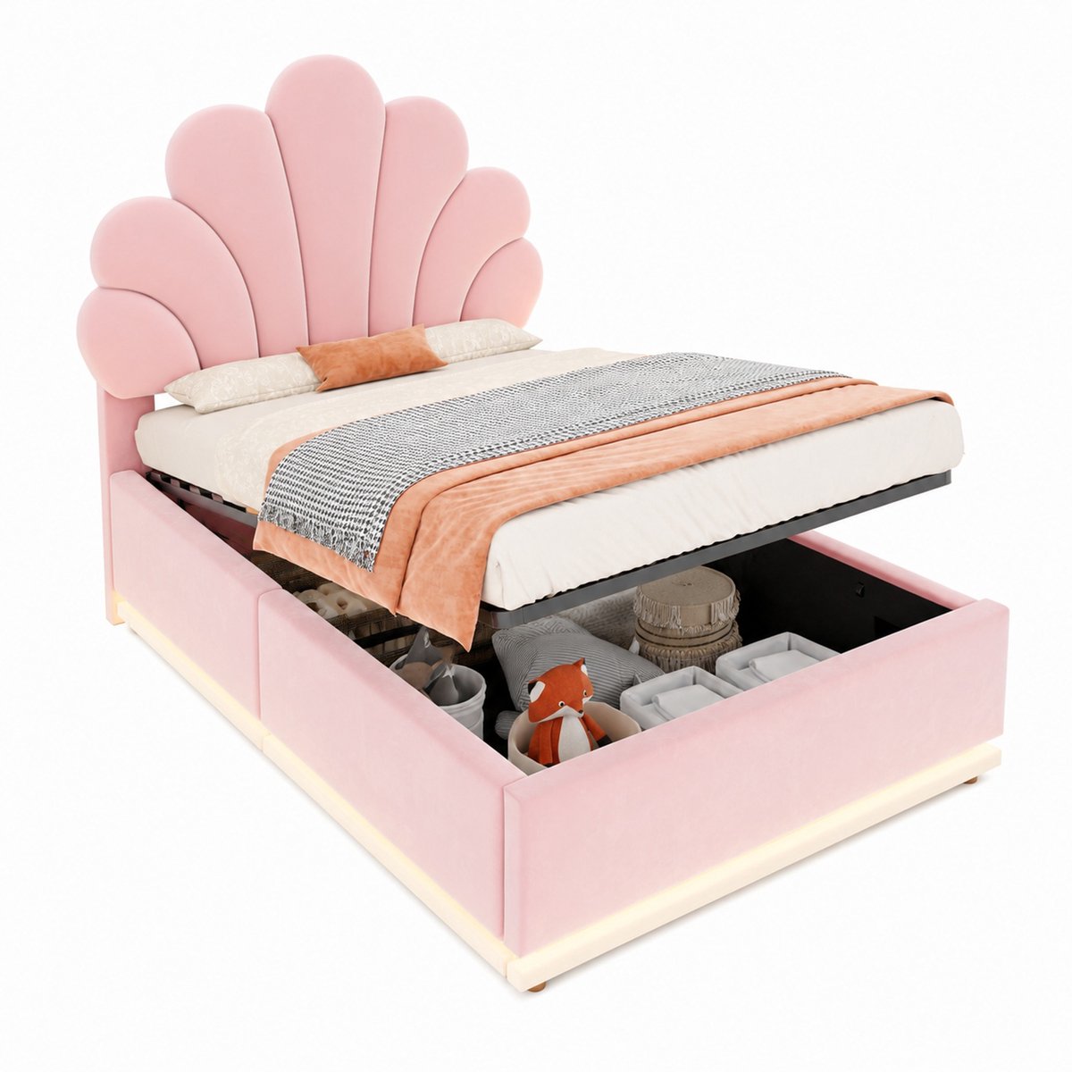 WUVRIE Bed 90x200 cm met bloemen hoofdbord, opbergruimte, LED en metalen frame, roze