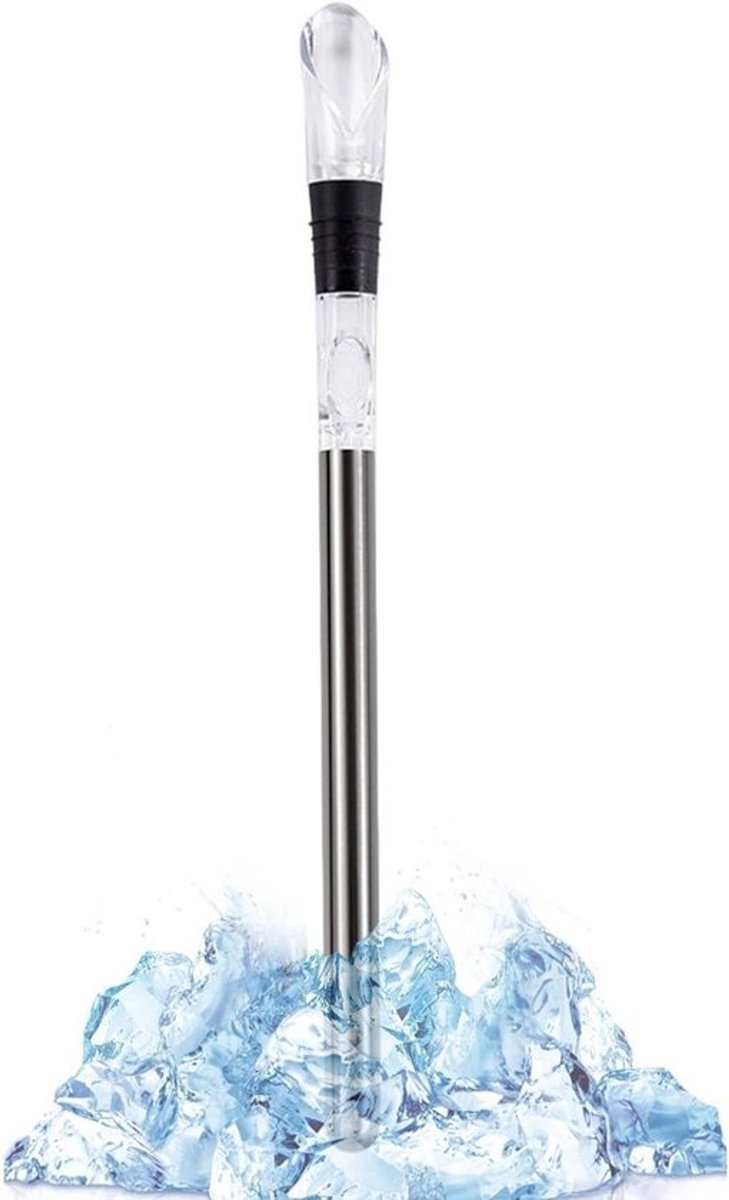 Wijnkoeler Stok - Flessenkoeler Stick - Wijn Serveren - 3-in-1 Beluchter - 32.8 cm - Zilver
