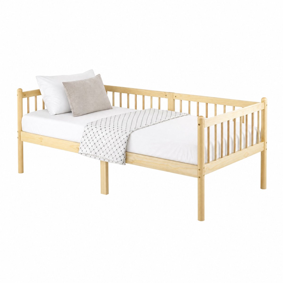 WUVRIE Slaapbank 90x200 cm met driezijdige beschermrails en lattenbodem, naturel
