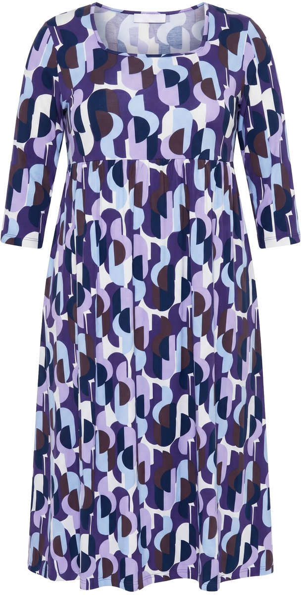 Ulla Popken - Dames - Maxi-jurk grafische print carreehals 3/4 mouwen - Donkerpruim - Maat 46+