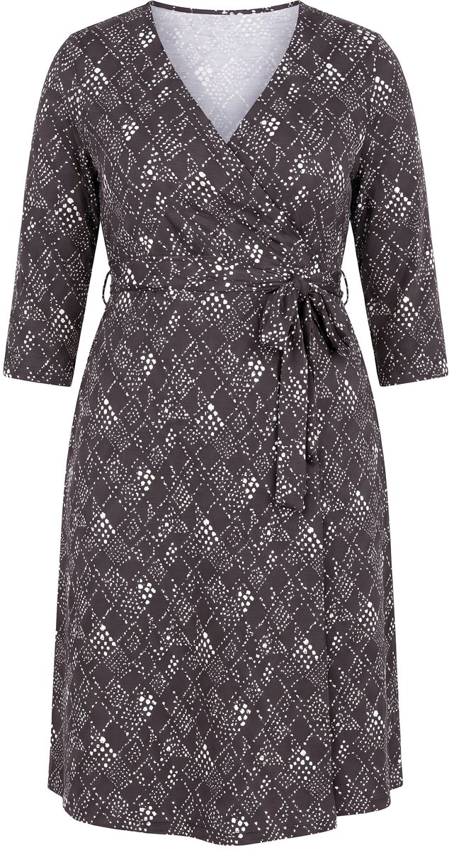 Ulla Popken - Dames - Overslagjurk grafische print V-hals 3/4 mouwen - Mahonie - Maat 42+