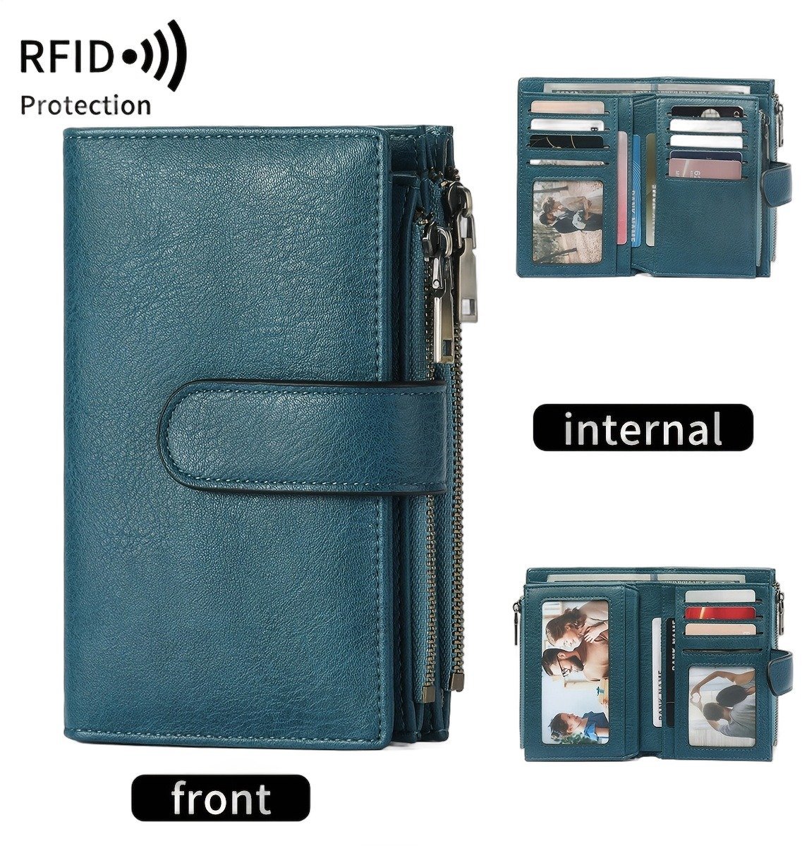 Currero Portomonee - Portemonnee Dames & Heren - RFID Anti Skim - Pasjeshouder - Klein Model - Met Rits - Kunstleer - Blauw