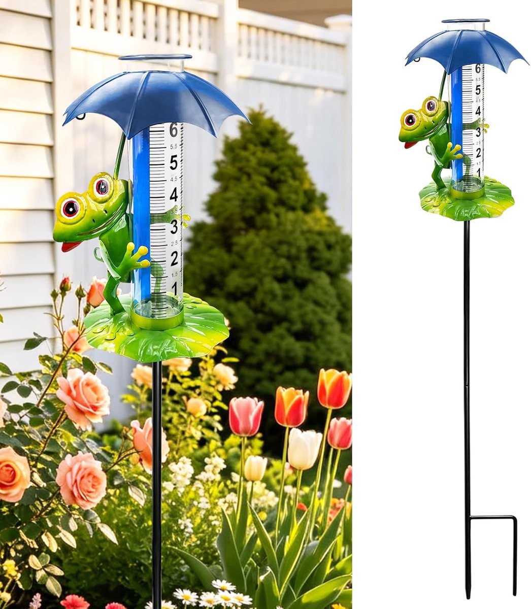 Regenmeter voor buiten, decoratieve regenmeter met kikker en tuinpaal, regenmeter met kikker voor buiten | Gemakkelijk afleesbare schaal | Kunststof buis | Paraplu-ontwerp | Verstelbare paal | Tuin- en terrasdecoratie