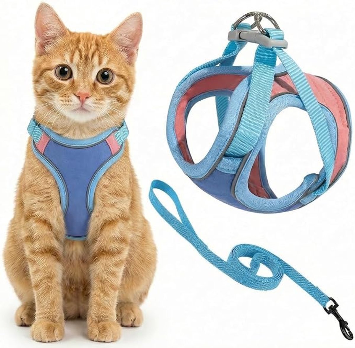 1 stuks‑harnas‑tuig voor kat met riem‑voor uitlaten kat‑reflecterend‑anti‑uit‑val harnas‑inclusief 1,5 meter riem‑M‑blauw gemengd kleur