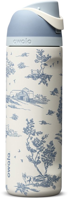 Owala FreeSip thermosfles in crème met blauwe toile-print van landschappen en een hond, met lichtblauwe dop.