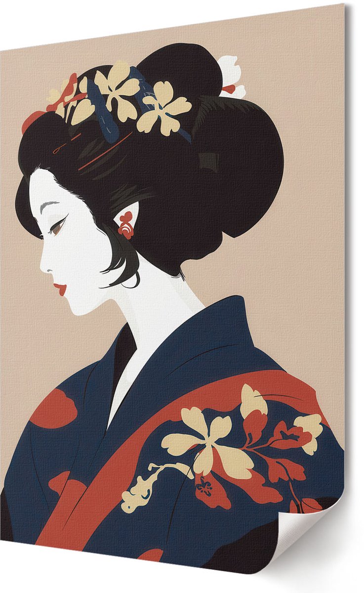 Coloray Canvas Poster Polycanvas - Japanse Vrouw, Illustratie - 420 x 594 - Beige Patroon - Rechthoek - Muurdecoratie - Woonkamer, Slaapkamer, Kantoor - Japanse