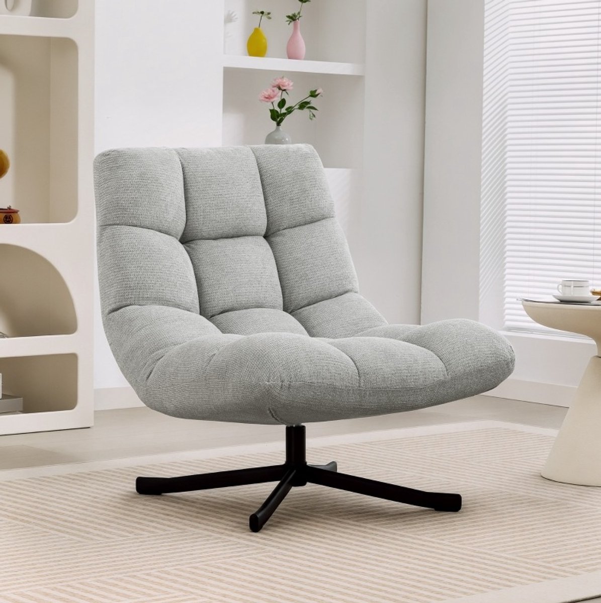 MODFU - Fauteuil - Draaibaar - Brede Zitting - Lichtgrijs - Chenille - Metaal