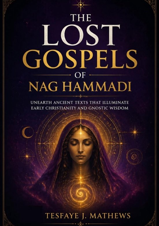 Boek "The Lost Gospels of Nag Hammadi" met een vrouw in paarse sjaal, omringd door sterrenbeelden en mystieke symbolen.