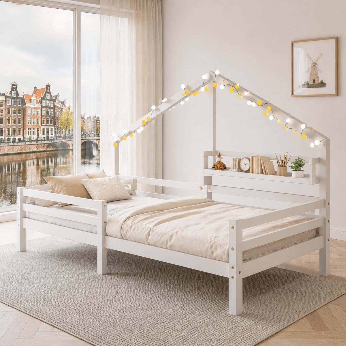 WUVRIE Huisbed kinderbed 90x200 cm met opbergrek, veiligheidshekken en lattenbodem, wit