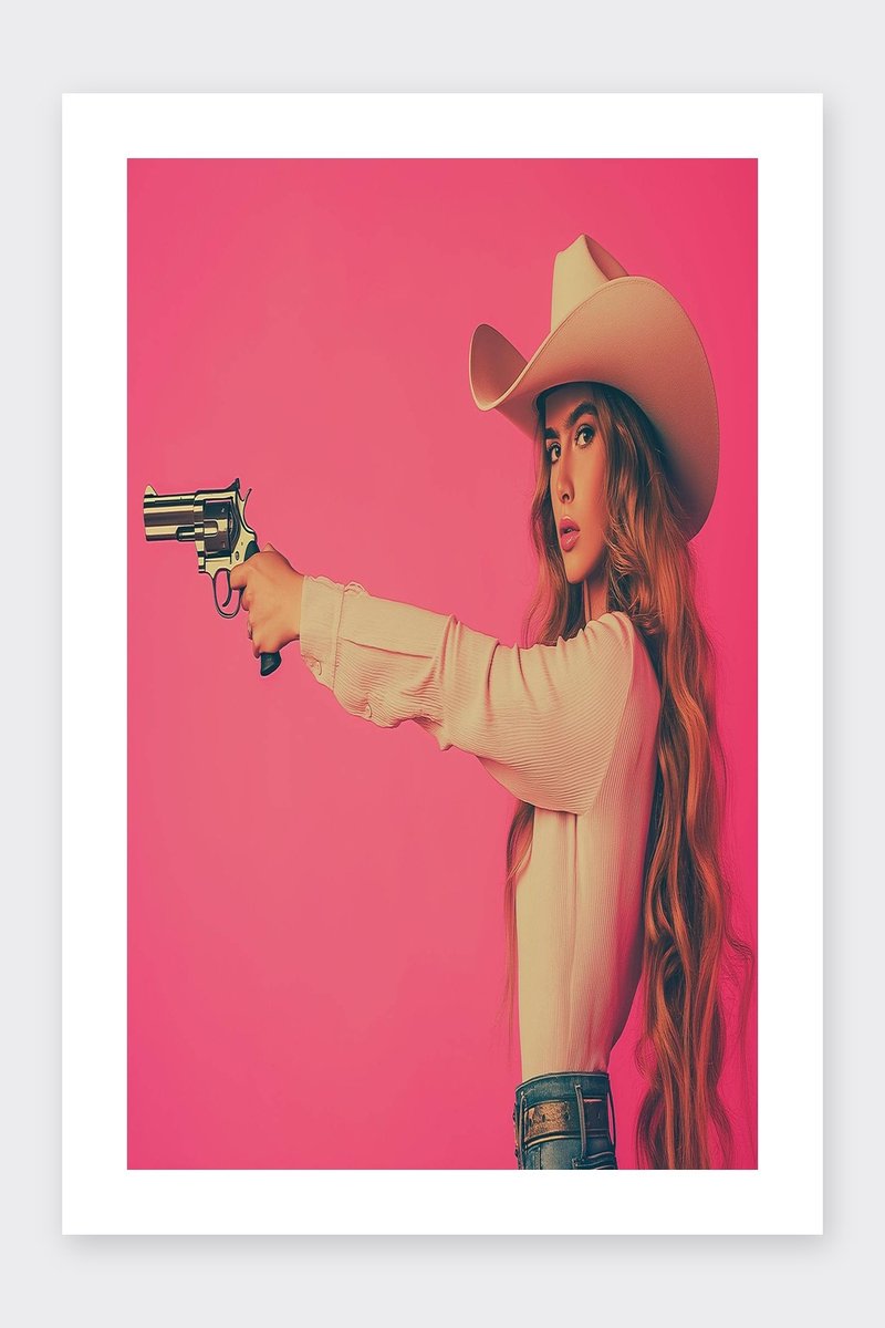 Cowgirl Poster - Pistool - Western - Stoer - Vintage - Mode - Wapen - posters - formaat 30x40cm - Wanddecoratie - BXS5187AZ - Met kader - passe-partouts stijl