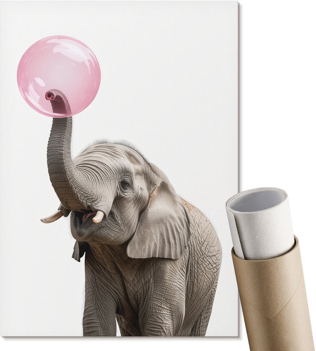 Coloray Canvas Poster Polycanvas - Bubblegum Olifant, Fotografie - A4 - Wit Poster - Rechthoek - Decoratieve poster - Woonkamer, Slaapkamer, Kantoor - Humoristisch