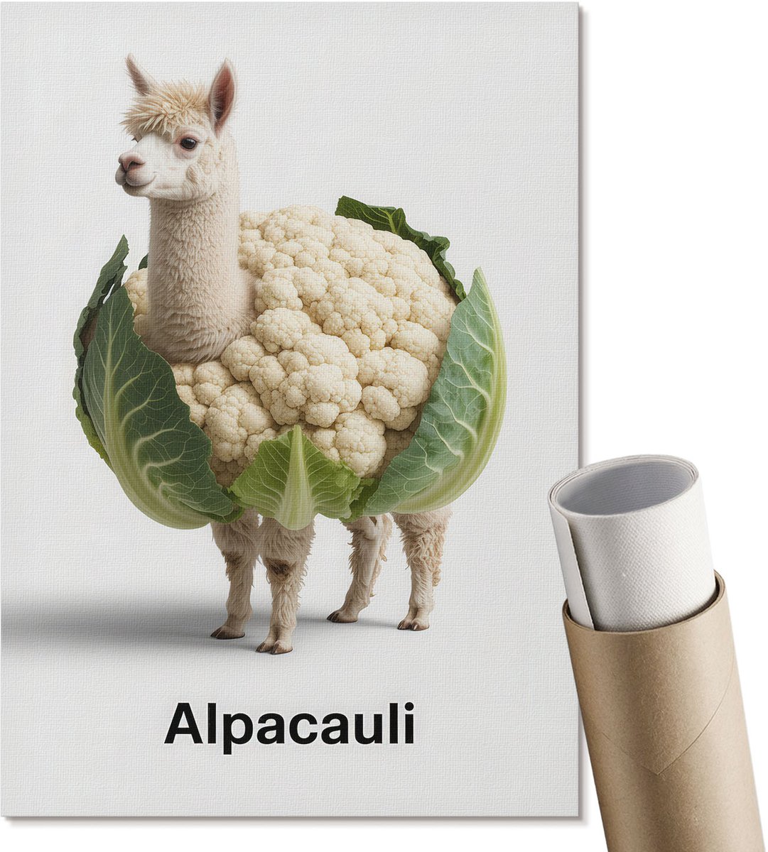 Coloray Polycanvas Wandposter - Alpaca Bloemkool, Illustratie - A4 - Wit Wanddecoratie - Rechthoek - Canvasposter - Woonkamer, Slaapkamer, Kantoor - Humoristisch