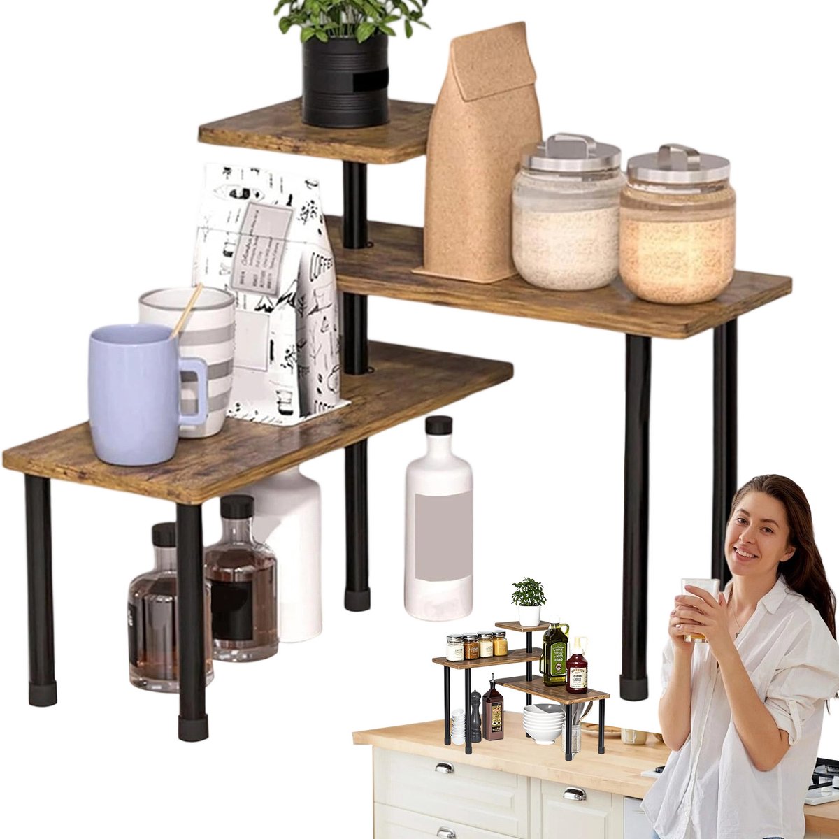 Keuken Aanrecht hoek Etagere - Verplaatsbaar Hoekrek 3 Lagen - Keuken Opbergrek - Badkamer Organizer - 45-90° Instelbaar - Ruimtebesparend - Antislip voetjes - Hoekkastje - Voor Keuken & Badkamer & Kantoor