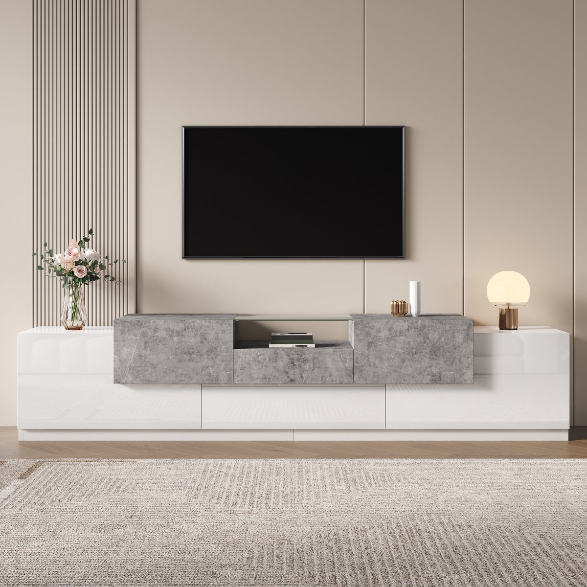 VVBV TV Meubel 200x33x48.5 cm – Opbergruimte en Lades – Modern Design – Krasbestendig – Spaanplaat – Wit