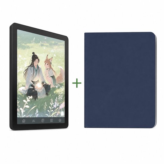E-reader toont anime-afbeelding van twee figuren in een veld, naast een blauw notitieboekje.