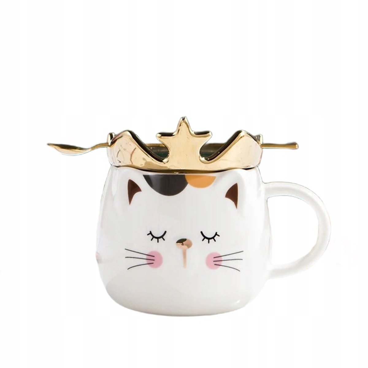 Keramiek Kattenmok met Deksel & Lepel - 480ml - Wit