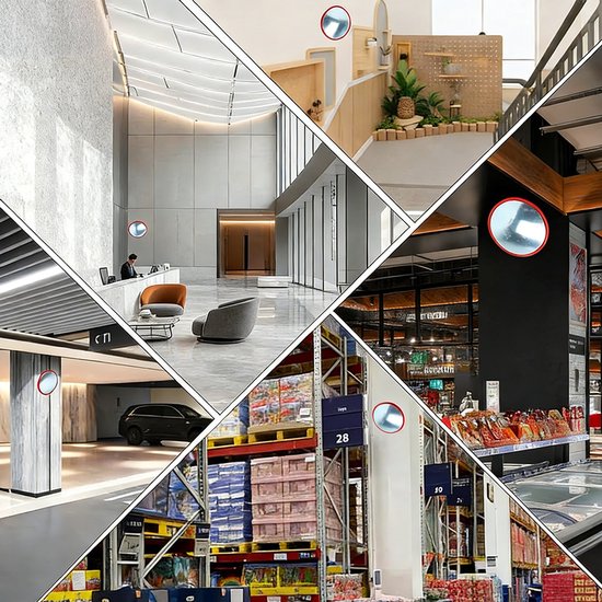 Collage van locaties waar de bolle spiegel met oranje rand gebruikt wordt.
