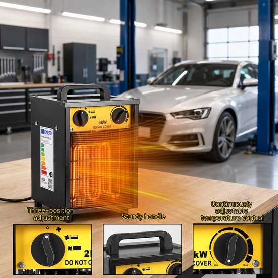 Zwarte en gele 3kW verwarming in garage, met close-ups van bedieningselementen.