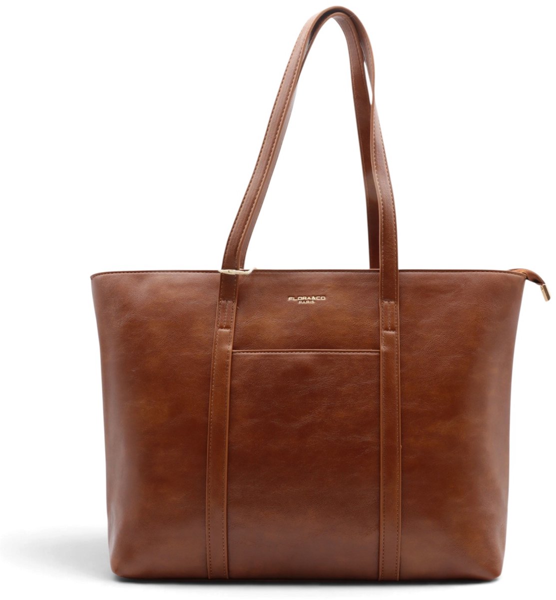 Flora&Co - ELISE - vintage look - grote handtas/tote bag met lange instelbare draagriem - camel/bruin - geschikt voor A4 - ideaal voor school- of werktas