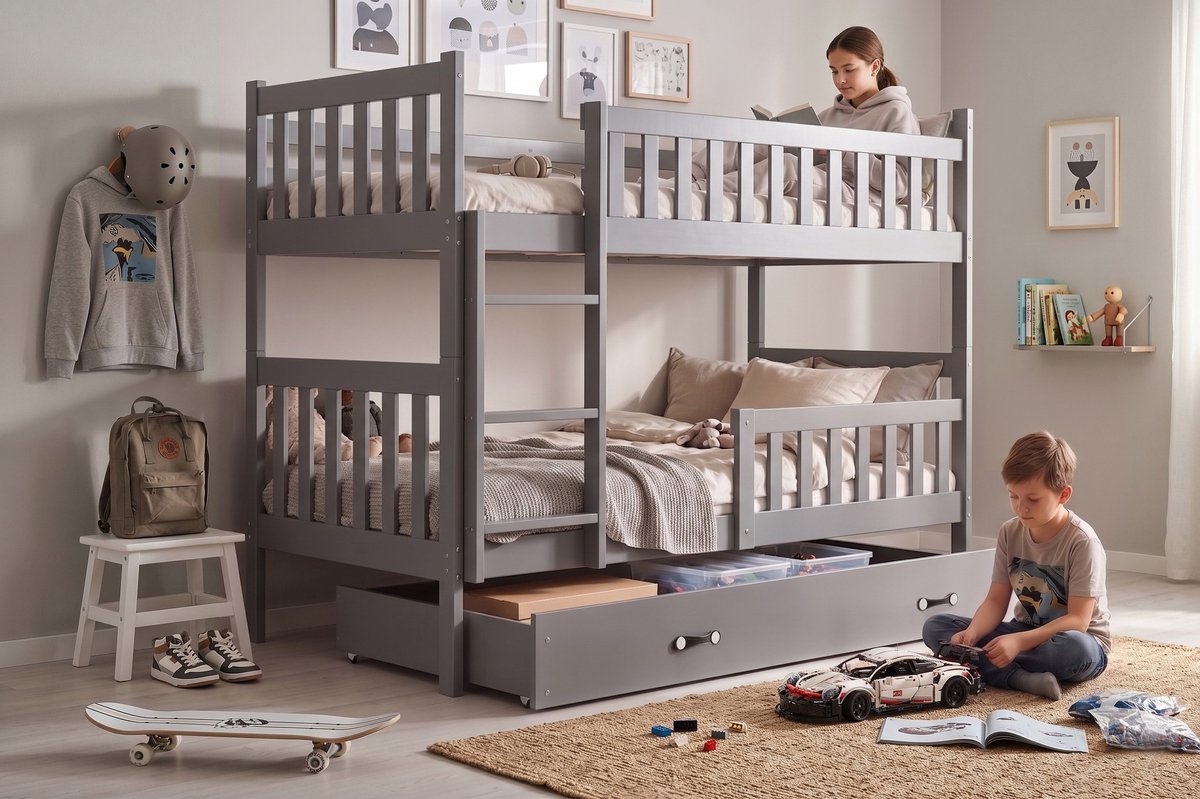 BMS KUBUŚ 90x200 youth bunk bed with mattress and drawer, graphite